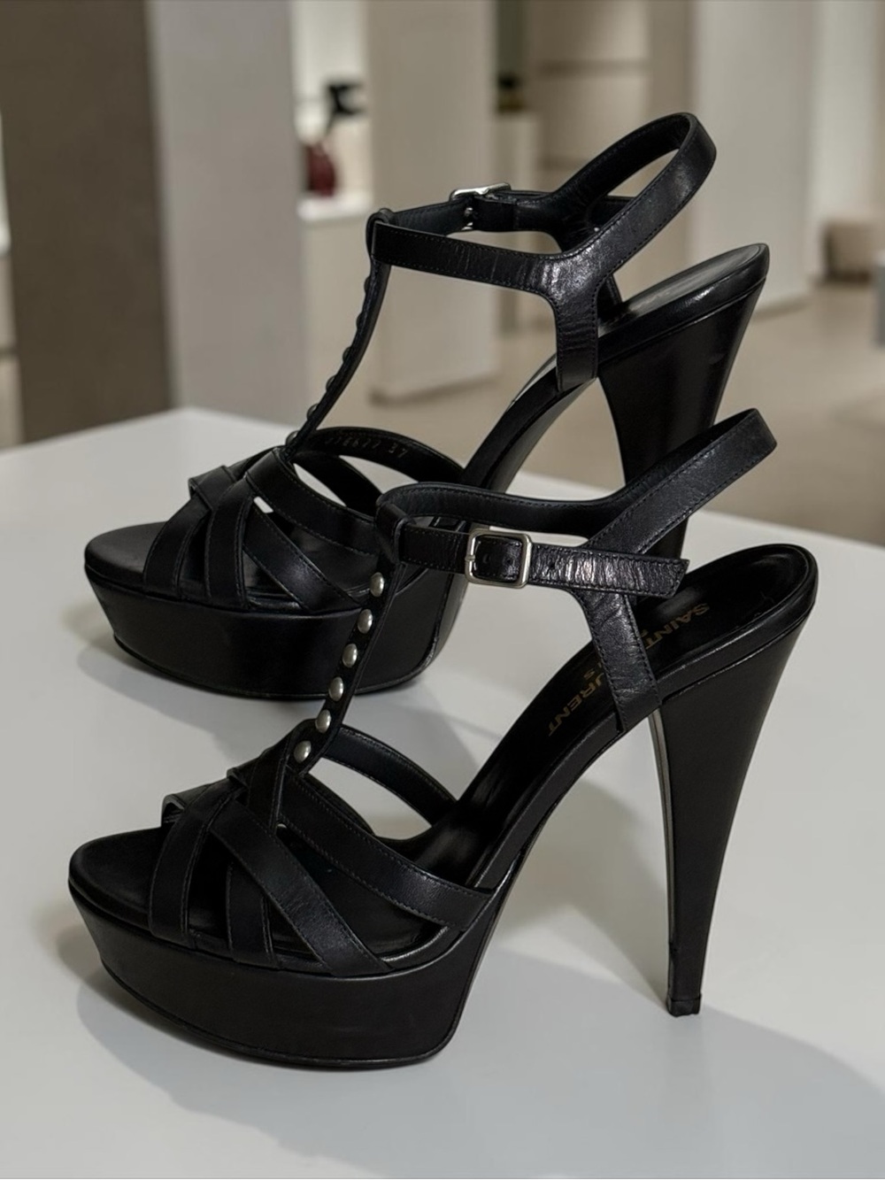 Saint Laurent Black Leather Platform T-Strap Studded Sandals Stiletto Heels! 37 - Picture 2 of 16